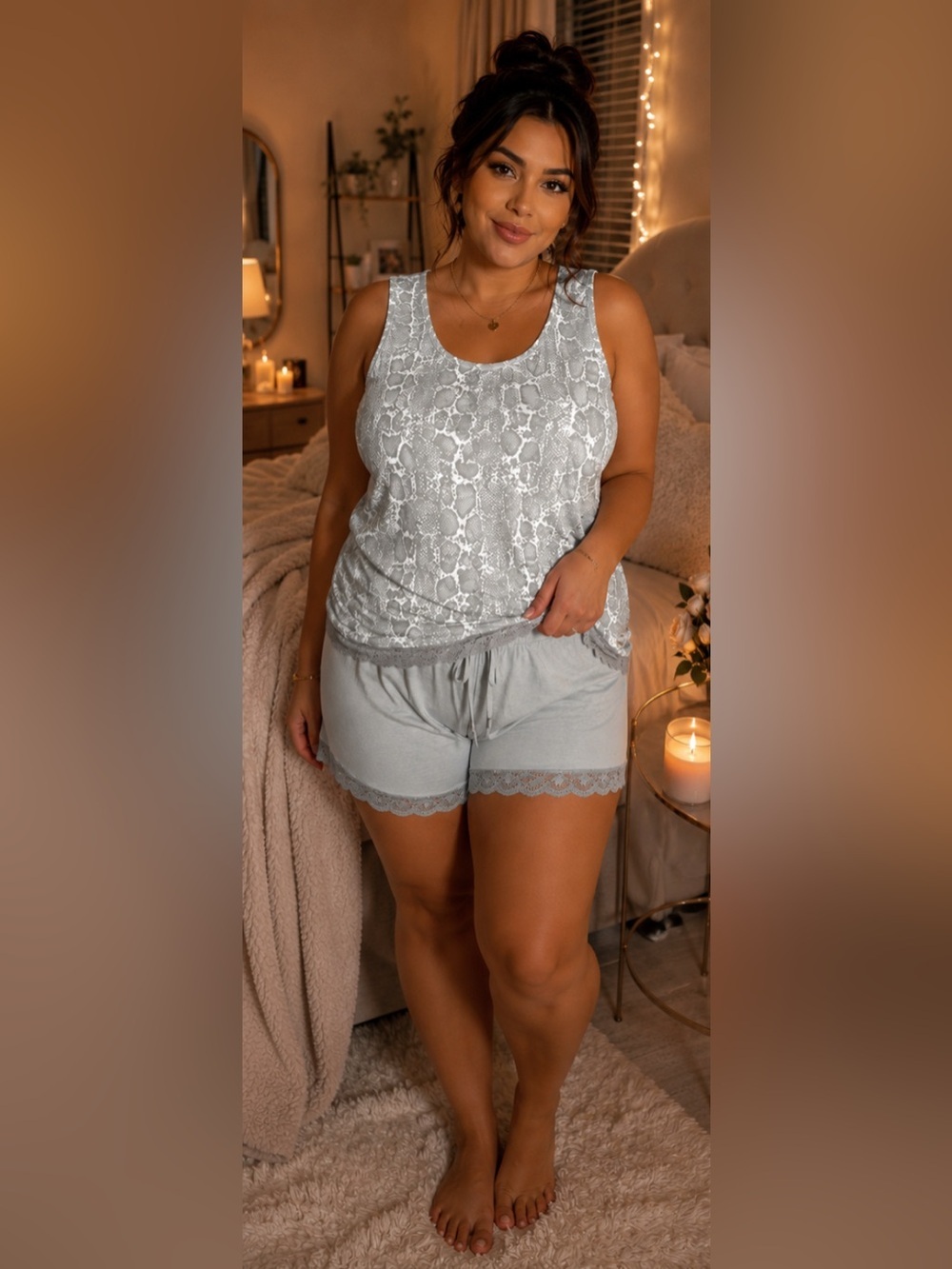 TAHARI pajama snake print laced hem tank top